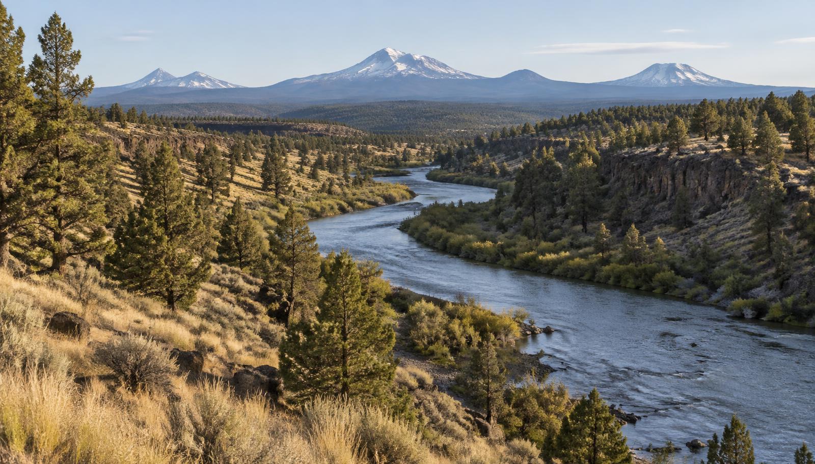 Central Oregon-inspired landscape of a high desert river, juniper, and mountains